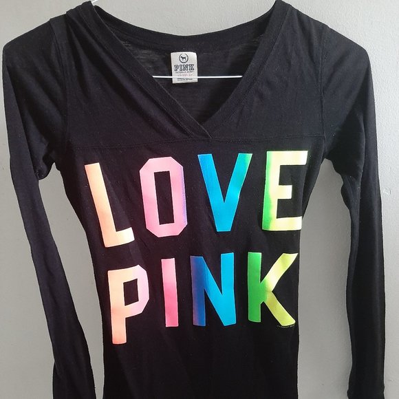 Victoria Secret Pink XS Long Sleeve LOVE Tee Black - Picture 1 of 5